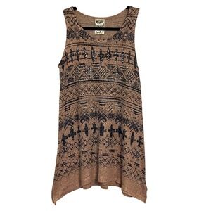 Vocal USA Women's Tan Black Geometric‎ Beaded V Neck Sleeveless Tunic Top